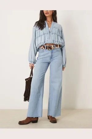Abercrombie & Fitch Højtaljede jeans med vide ben i lyseblå vask-Marineblå