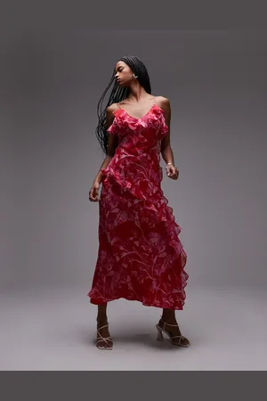 Topshop Pink slip-midikjole med flæser og abstrakt blomstermønster