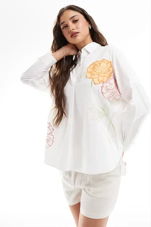 French Connection Pull-over-skjorte med blomsterbroderier i bomuld