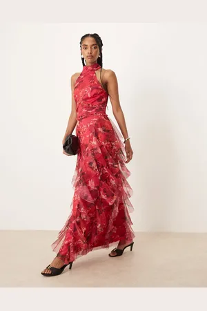 Lace & Beads Midaxi-kjole med halterneck, flæser og stort blomstermønster i rød