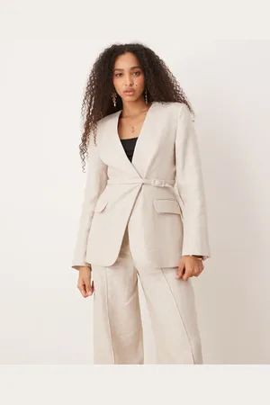 MANGO Beige blazer med V-hals, indsyet talje og bæltedetalje i hør - Del af sæt-Neutral