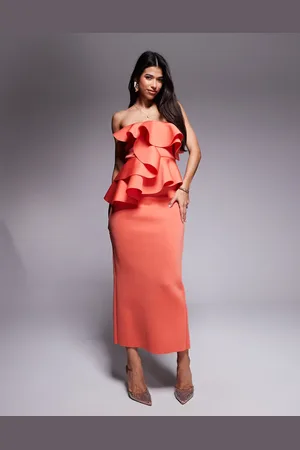 ASOS Koralrød bandeau-midikjole i scuba-stof med manipuleret flæseoverlag-Orange