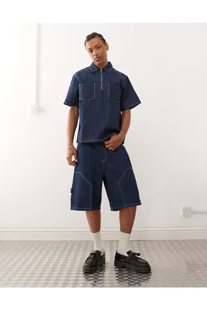 Reclaimed Blå tømrer-denimshorts med nålestriber - Del af sæt