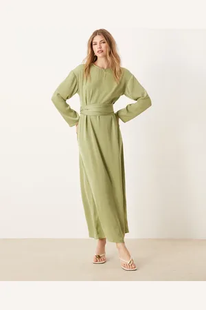 ASOS Salviegrøn maxikjole i satin med bindebånd i ryggen-Multifarvet