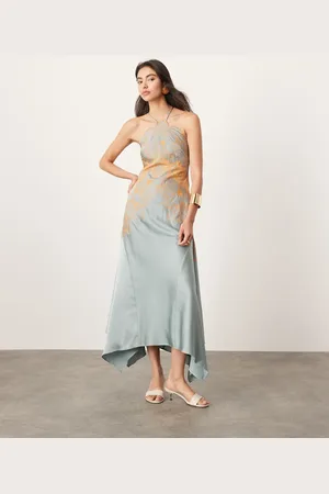 ASOS Midikjole med halterneck, tørklædekant, broderier og påsyede blonder i satin-Multifarvet