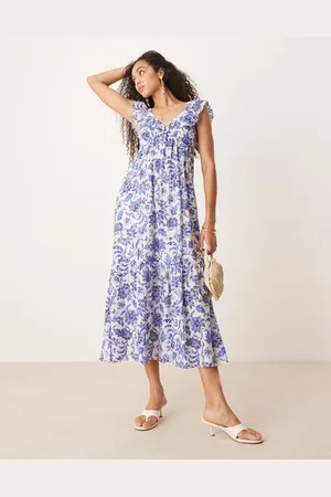 MANGO Midikjole med flæseærmer og blåt botanisk print