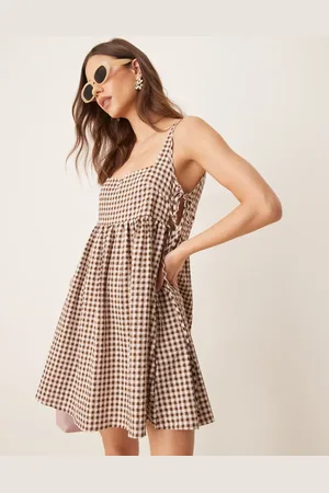 ASOS Brun babydoll-minikjole med bindebånd i siderne og gingham-tern-Multifarvet