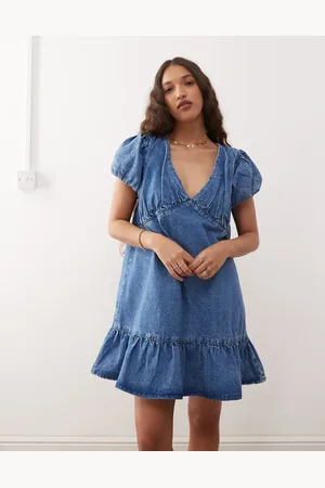 Reclaimed Smock-minikjole med pufærmer i denim