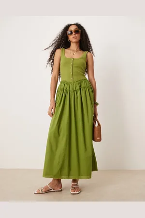 ASOS Olivengrøn maxikjole med dyb rund hals, knapper, ribstrikket overdel og poplinnederdel