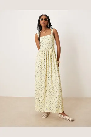 ASOS Gul midikjole med firkantet hals og småblomstret print-Multifarvet