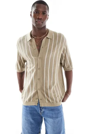 JACK & JONES Strikket og beige poloskjorte med knapper og striber-Neutral