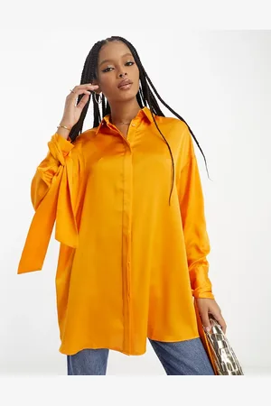 ASOS Oversized skjorte med bindedetalje ved ærmekanterne i abrikosfarvet satin-Orange