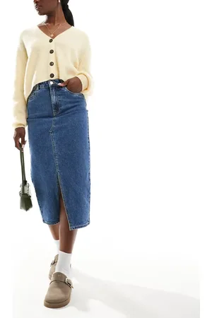 VERO MODA Mellemblå midaxi-nederdel med slids foran i denim