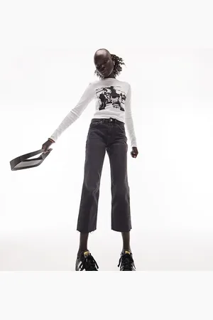 Topshop Sorte jeans med mellemhøj talje, lige ben og rå kanter i benene