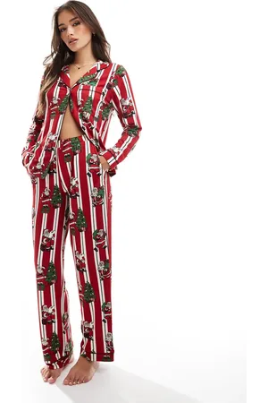 Chelsea Peers Ham og hende - Jule-pyjamassæt med langærmet skjorte med reverskrave og bukser med stribet julemandsprint i vintage-stil i polyester