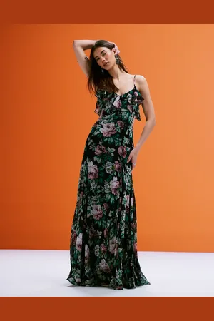 MANGO Maxikjole i chiffon med flæser og blomstermønster