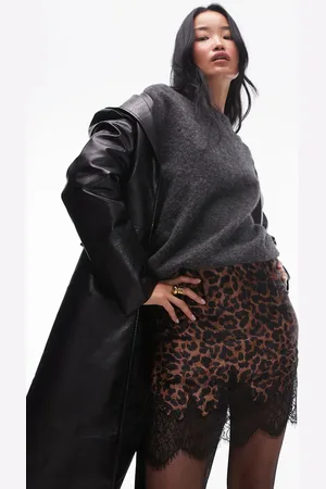 Topshop Underkjole med leopardprint og sorte blonder i satin-Brun