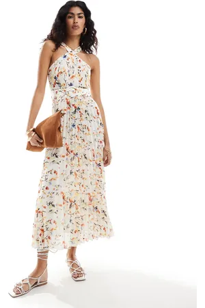 Style Cheat Midikjole med halterneck, plisseret kant og blomstermønster