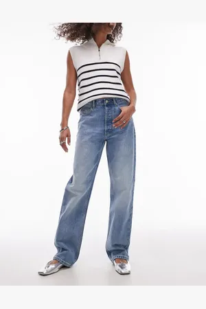 Topshop Petite - Kort - Blegede højtaljede lige jeans-Blå