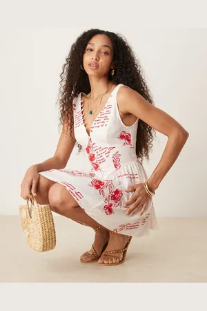ASOS Minikjole med V-hals, gennemgående knapper, sænket talje og rødt blomstermønster-Multifarvet
