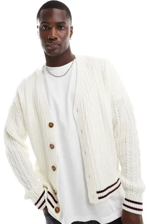 ASOS Cremehvid og afslappet cardigan i kabelstrik med firkantet pasform og bordeauxrøde striber i kanterne-Neutral