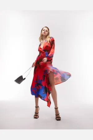 Topshop Slå-om-midikjole til fest med vandfaldsdesign forneden og blomstermønster