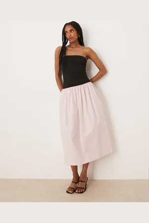 ASOS Bandeau-maxikjole i poplin-blanding med farveblok-design