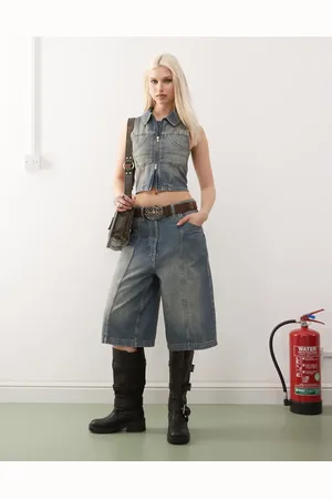 COLLUSION Iconic - Jorts i denim i vintage-vask - Del af sæt-Blå