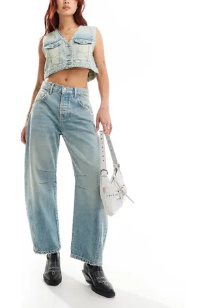 Free People Indigoblå højtaljede barrel-jeans-Marineblå
