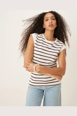 ASOS Cremehvid tanktop med korsettalje, markante skuldre og brune striber-Multifarvet