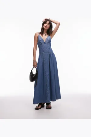 Topshop Maxikjole med rynker og sømdetaljer i denim