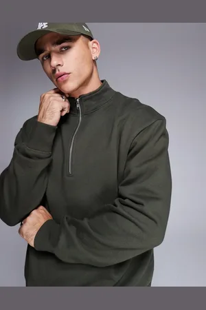ASOS Premium - Kakigrøn og oversized sweatshirt med lynlås i halsen i kraftigt stof på 400 gsm