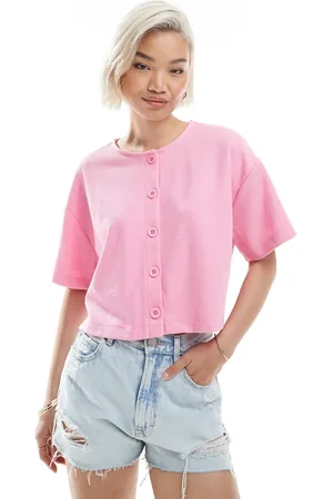 Miss Selfridge Lyserød ribstrikket cardigan med korte ærmer og knapper