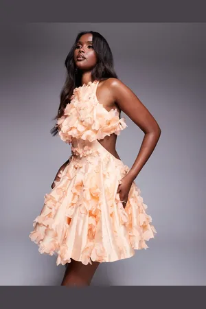 ASOS Abrikosfarvet skater-minikjole med halterneck og 3D-blomstermønster-Orange