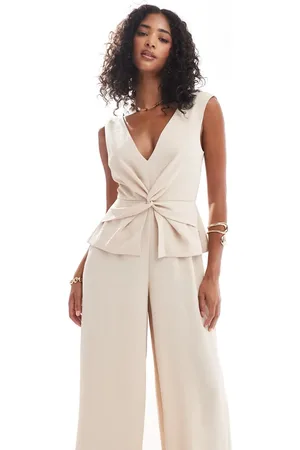 ASOS Beige jumpsuit med slå-om-vest og V-hals-Neutral