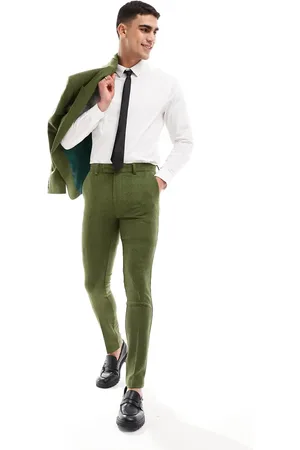 ASOS Wedding - Skinny-habitbukser med sildebensmønster i kakigrøn