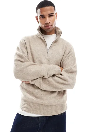 JACK & JONES Beige trøje i oversized pasform i vamset materiale med kort lynlås-Neutral