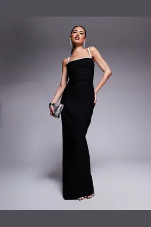 Vesper Bodycon-maxikjole med firkantet hals og kontrasterende kanter i bengalin