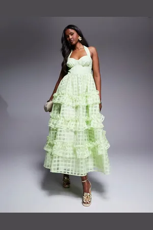 ASOS Pistaciefarvet maxikjole i organza med tekstur og tern samt halterneck