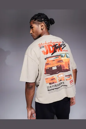 ASOS Oversized og beige T-shirt med firkantet pasform og grafisk bilprint-Neutral