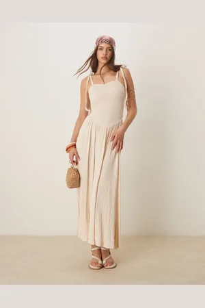 ASOS Midi-sommerkjole i krølstof med rynket overdel og cami-bindestropper-Neutral