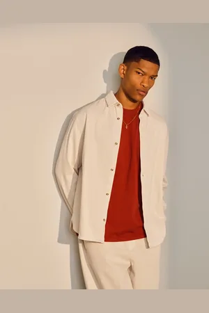 Topman Langærmet og beige overskjorte i forvasket kanvas-Neutral