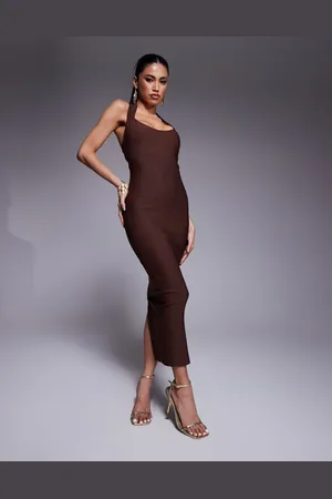 Vesper Chokoladebrun midaxi-kjole med dyb rund halterneck i bengalin i bodycon-pasform