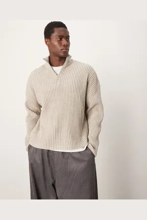 ASOS Oversized trøje med halv lynlås i strik i firkantet pasform-Neutral