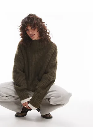 Topshop Khakigrøn højhalset trøje med oversized pasform i vamset strik