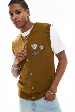 ASOS Strikket, ærmeløs og cardigan med college-mærker-Grøn