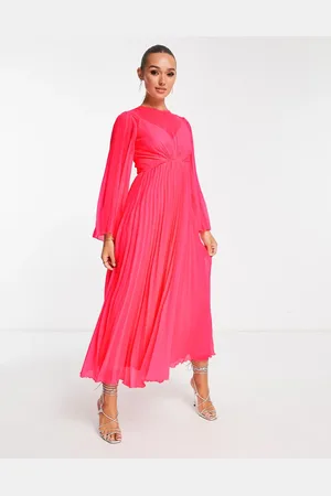 ASOS Pink plisseret midikjole med trompetærmer og rygbinding-Lyserød