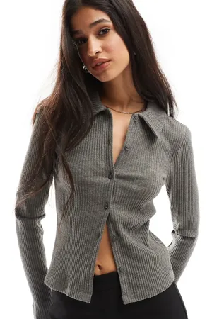 ASOS Koksgråmeleret cropped cardigan med krave i superblødt ribstrik-Ingen farve