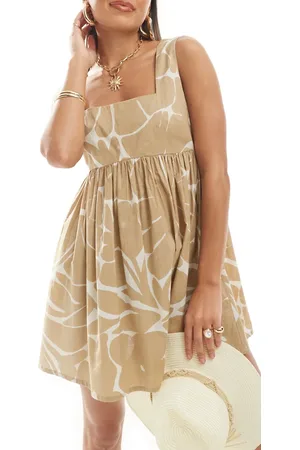 ASOS Mini-strandkjole med firkantet hals og bindebånd på ryggen og tone-i-tone blomsterprint-Hvid