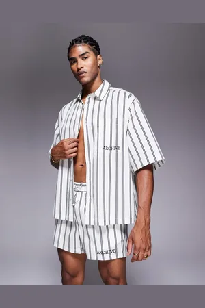 ASOS Oversized skjorte med broderi på brystet og striber i firkantet pasform - Del af sæt-Neutral